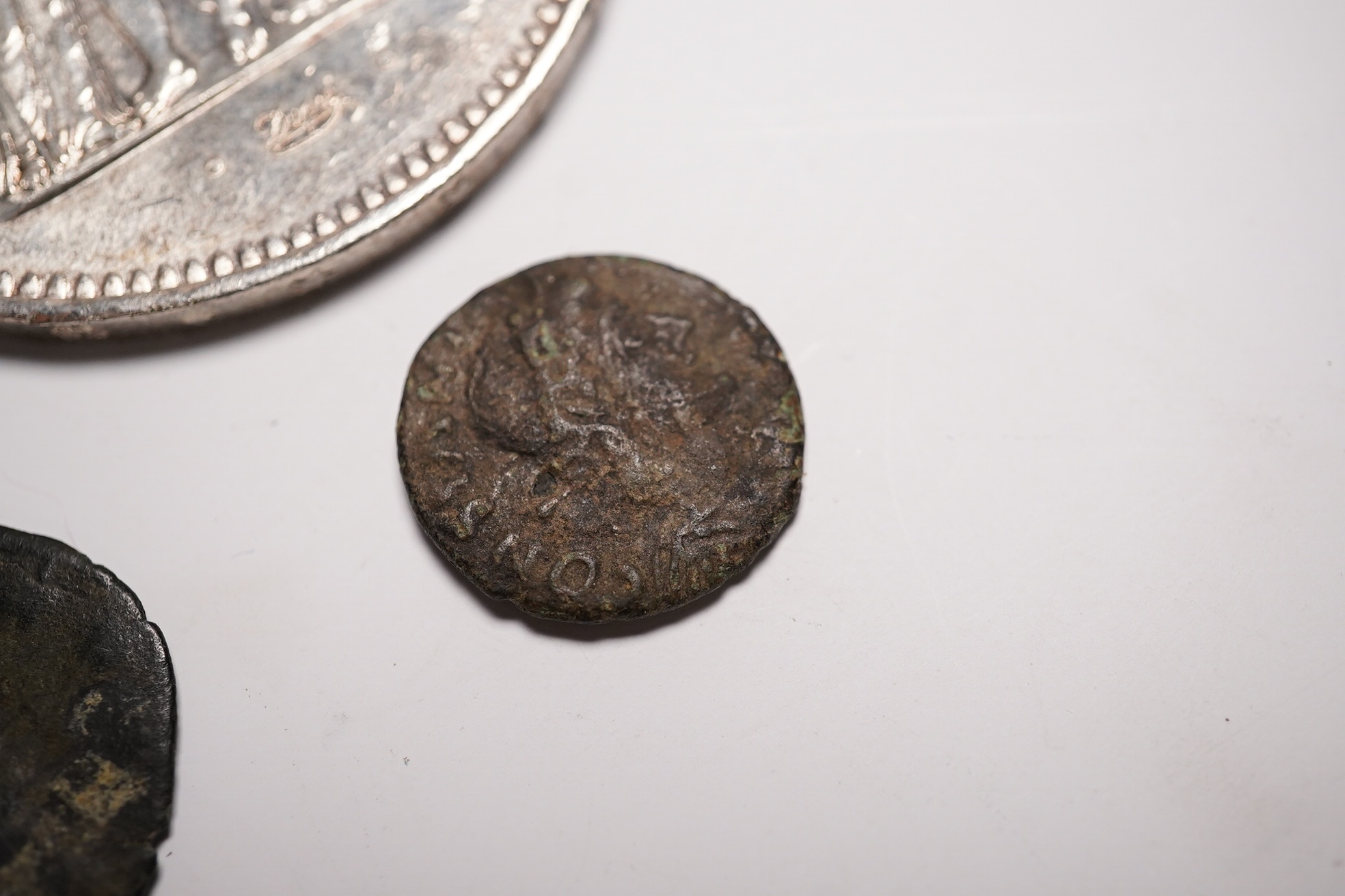 Two fifty Franc silver coins and four Roman AE coins. Condition - as per images